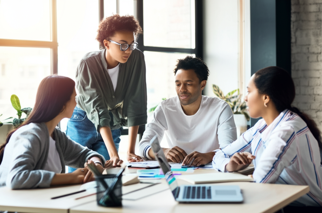 Startup team discussing funding strategy