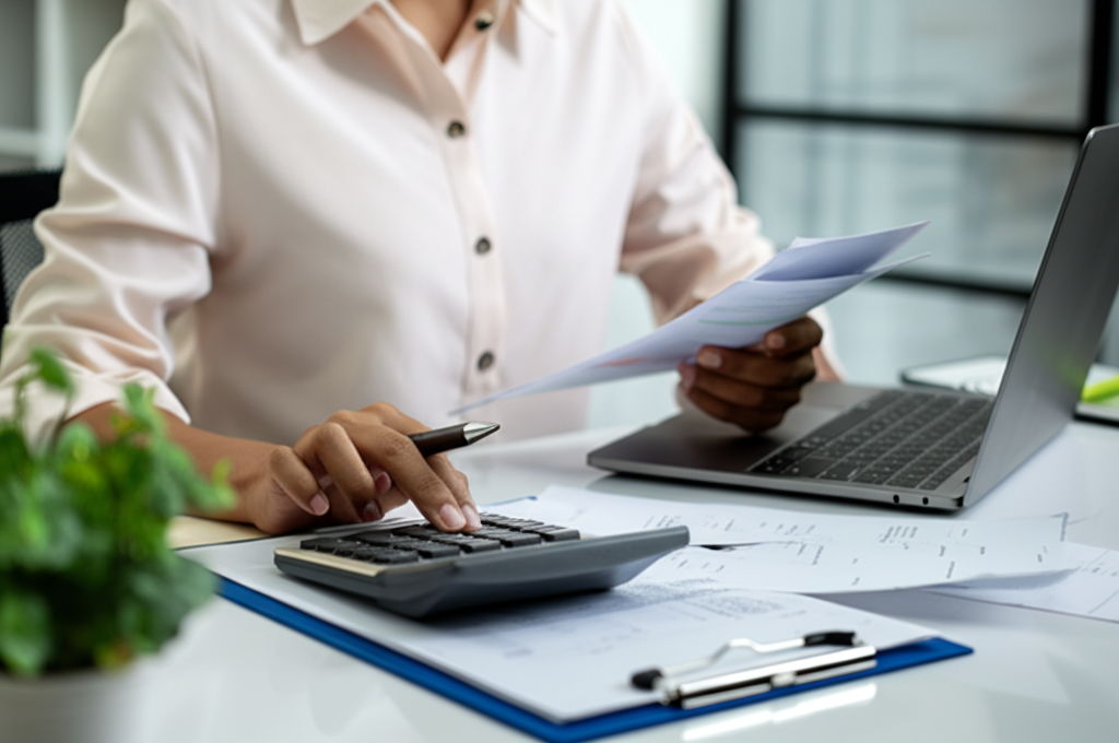 Business owner reviewing invoices