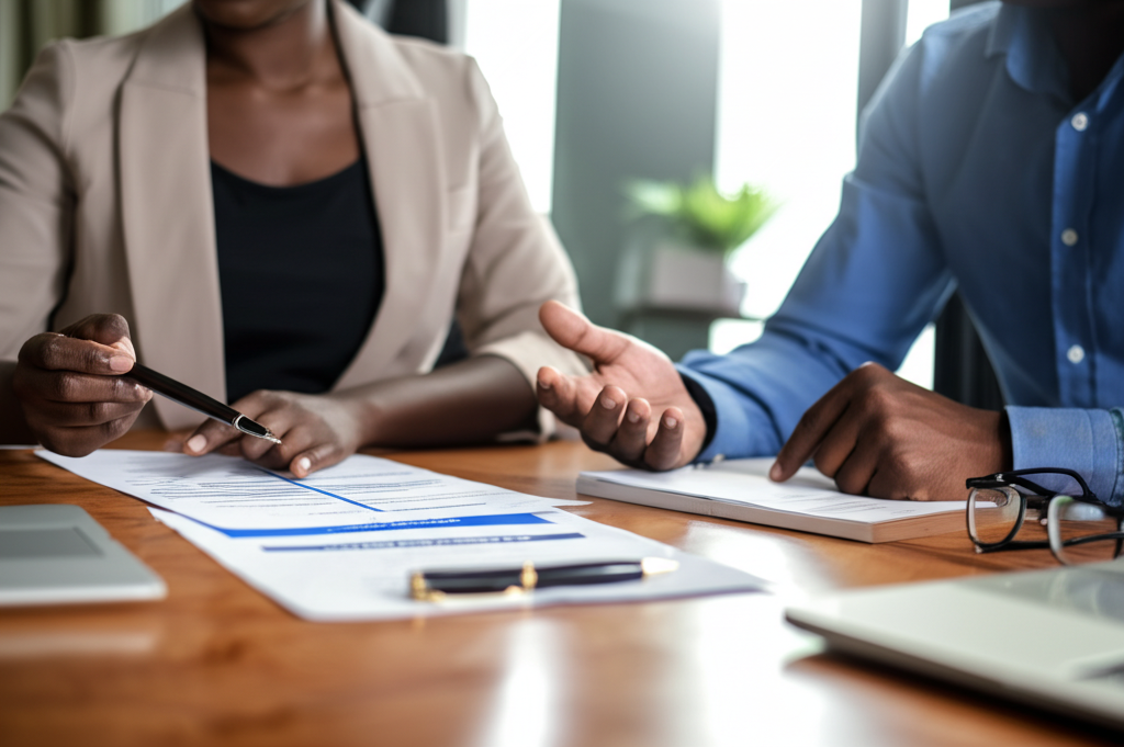 Small business owner discussing SBA loan with banker